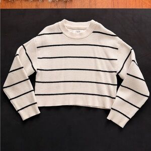 Zara Kids Cream and Black Striped Crew Neck Sweater Size 11/12